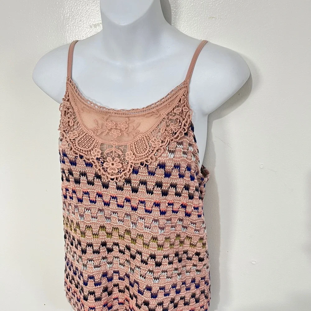 Free‎ People Cami Tank Women Large Pink Multi Chevron Knit Lace Trim Y2K